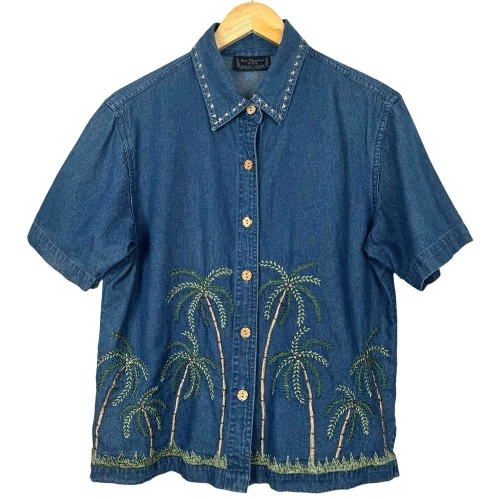 Vtg Short‎ Sleeve Denim Button Up Shirt Womens PL Palm Tree Hawaiian Vacation
